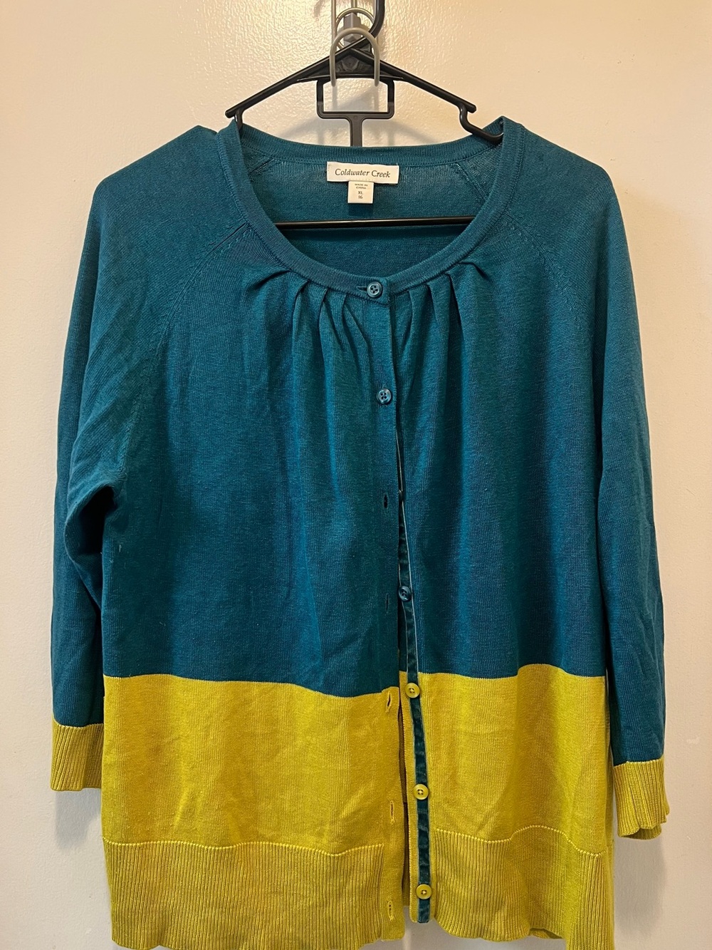 Coldwater Creek Teal and Yellow Colorblock Cardigan